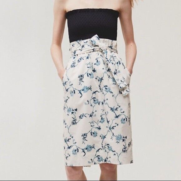 ARITZIA WILFRED Le Fou Maryvonne Skirt Med Tie Front Paper Bag White Blue Floral - Picture 1 of 13